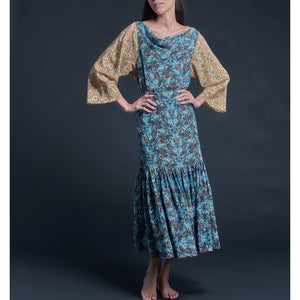 Longer Brigitte Ruffle Skirt in Blue Kaleidoscope Liberty Print Silk Crepe de Chine