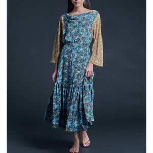 Longer Brigitte Ruffle Skirt in Blue Kaleidoscope Liberty Print Silk Crepe de Chine