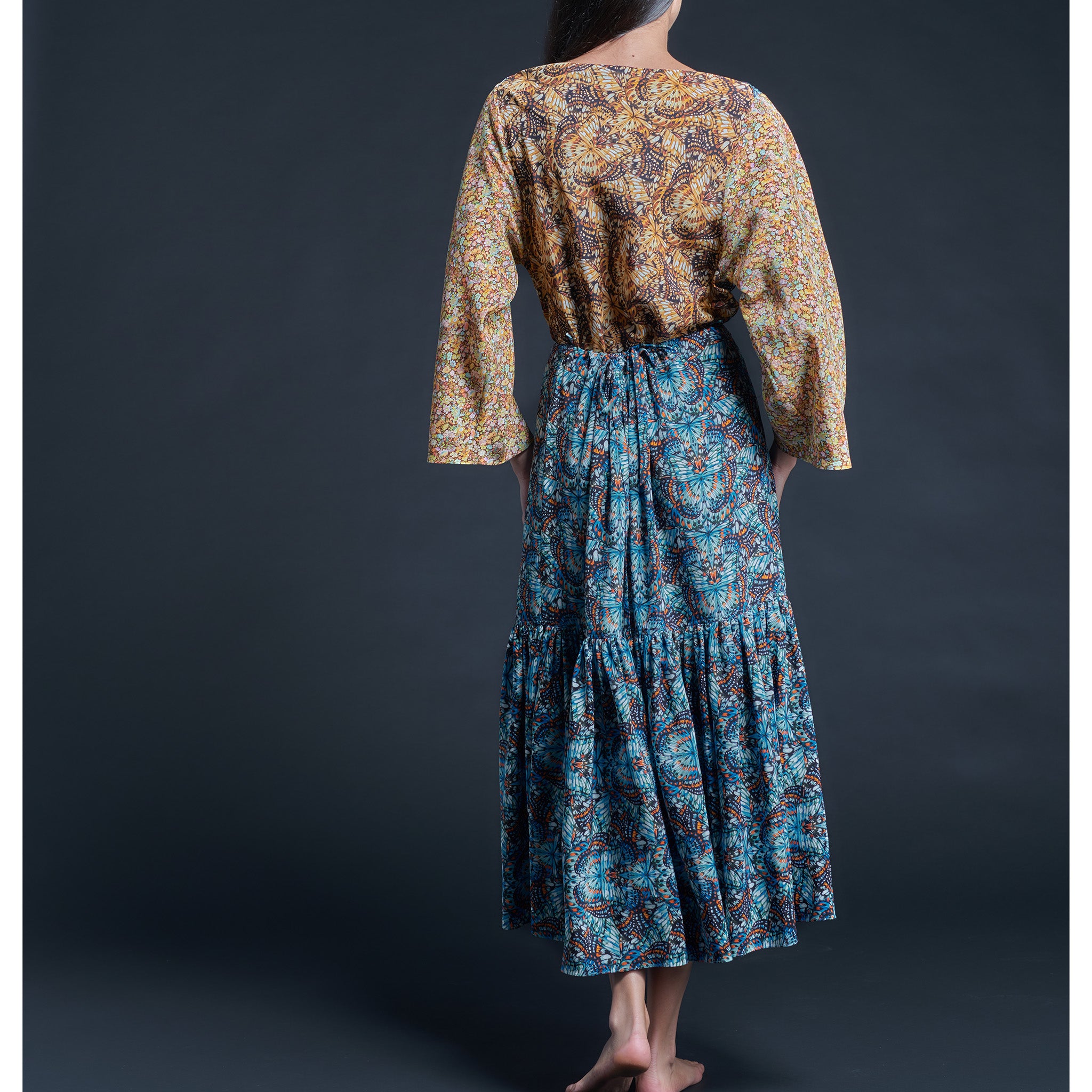Longer Brigitte Ruffle Skirt in Blue Kaleidoscope Liberty Print Silk Crepe de Chine