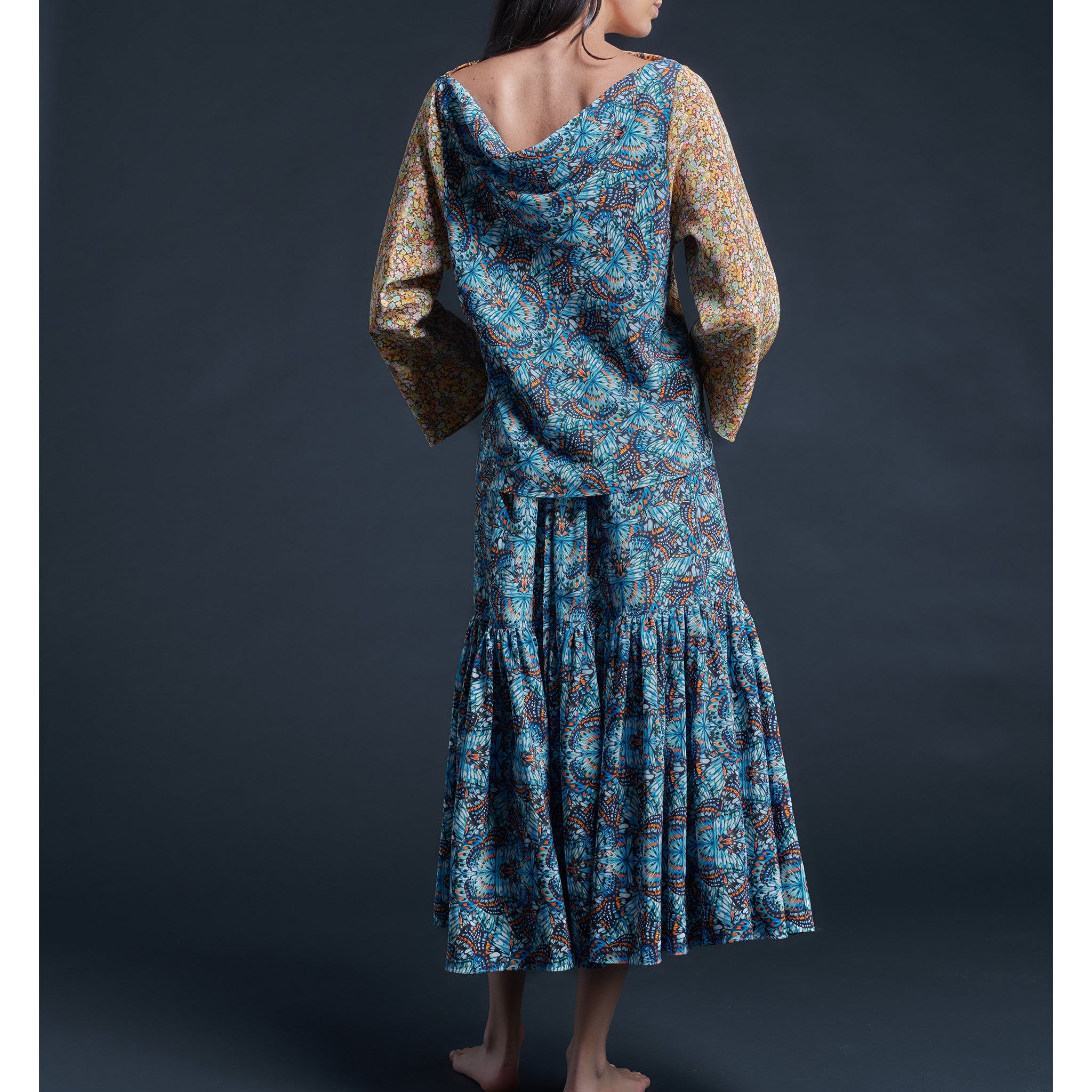 Longer Brigitte Ruffle Skirt in Blue Kaleidoscope Liberty Print Silk Crepe de Chine