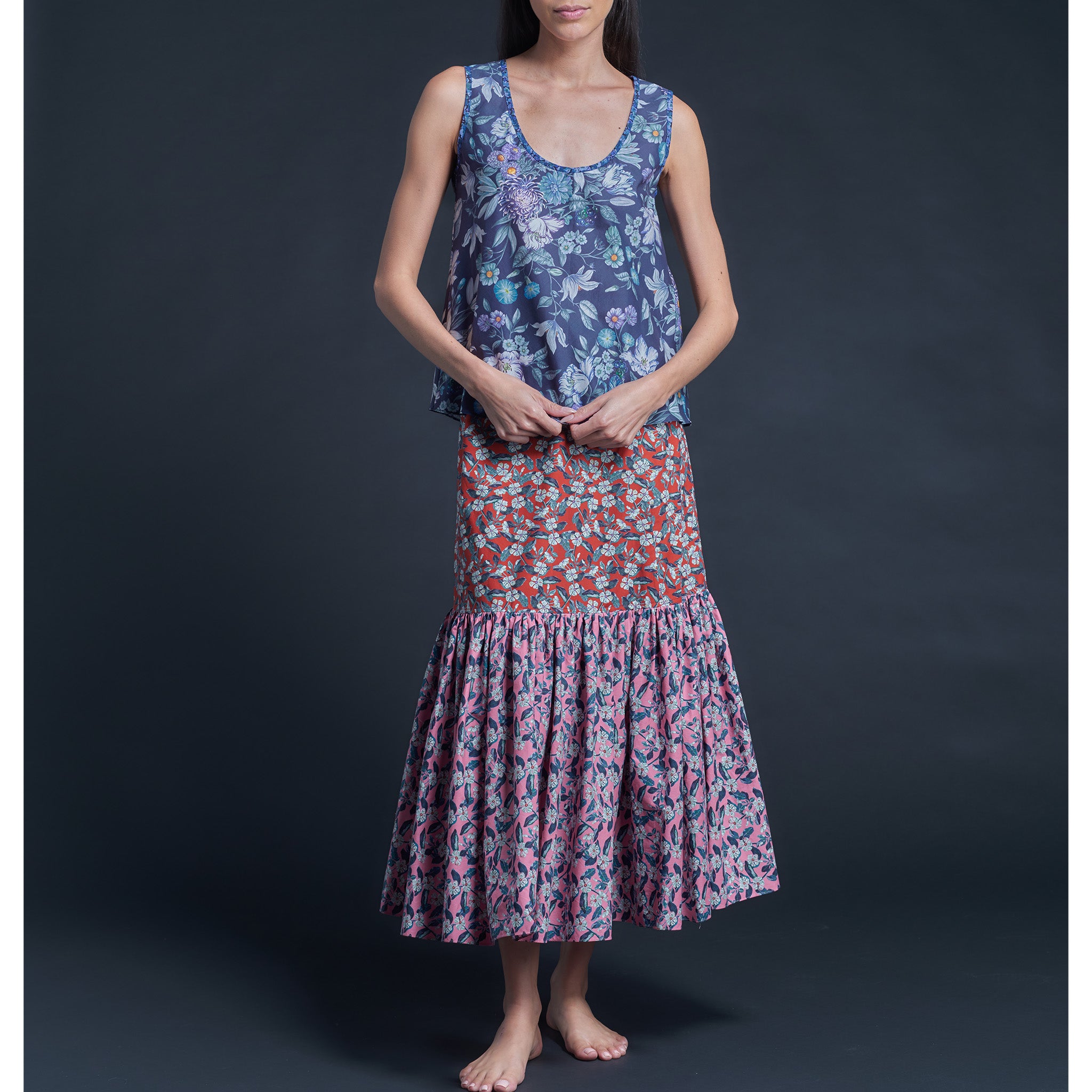 Ariadne Bias Cut Shell in Blue Stately Bouquet Liberty Print Cotton Tana Lawn