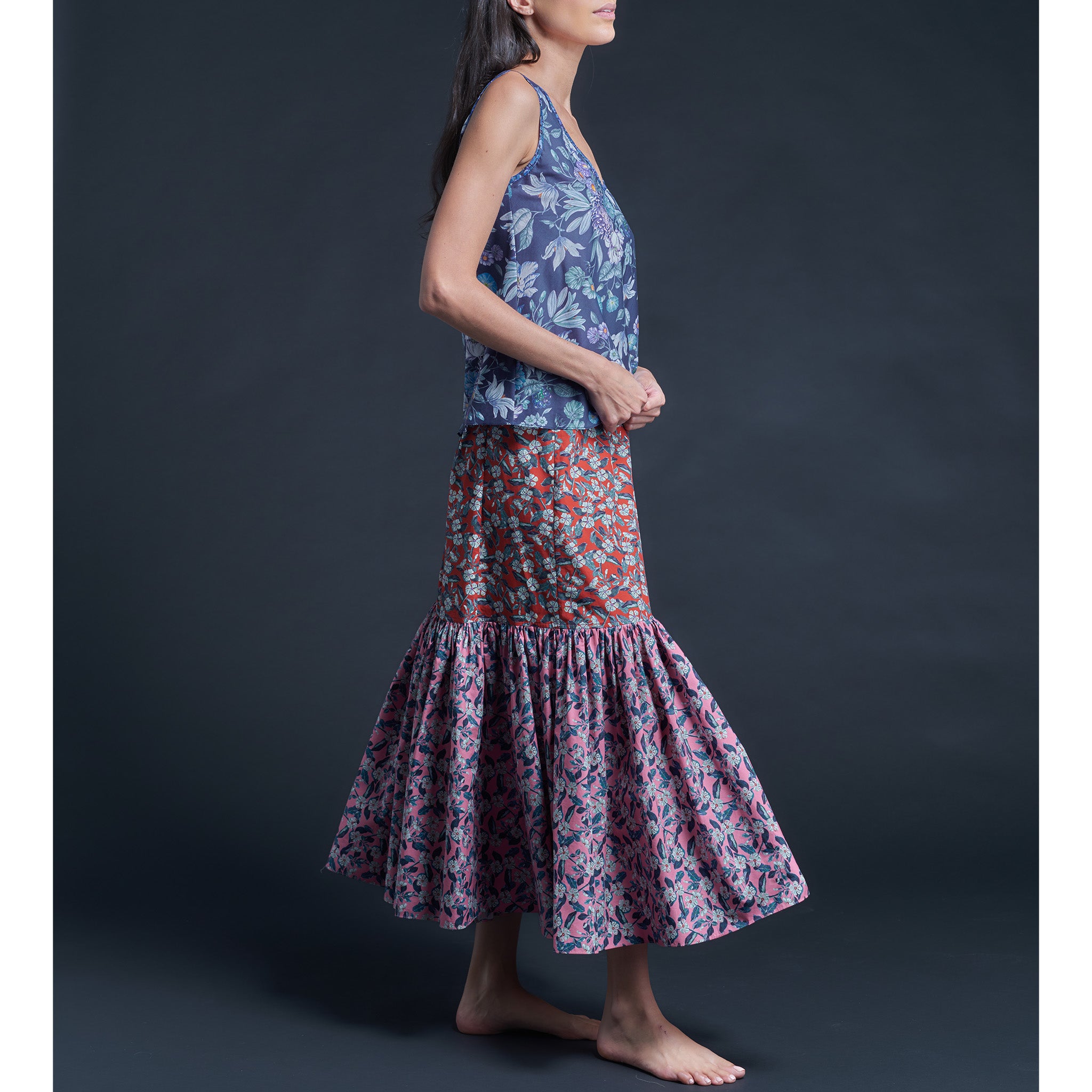 Ariadne Bias Cut Shell in Blue Stately Bouquet Liberty Print Cotton Tana Lawn