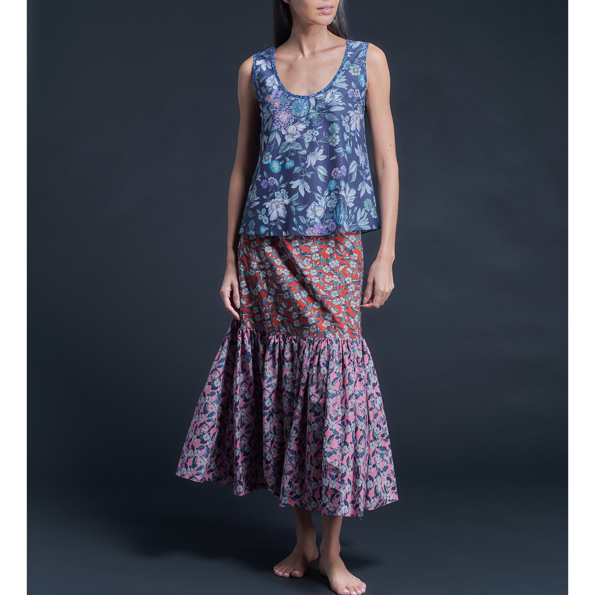 Ariadne Bias Cut Shell in Blue Stately Bouquet Liberty Print Cotton Tana Lawn