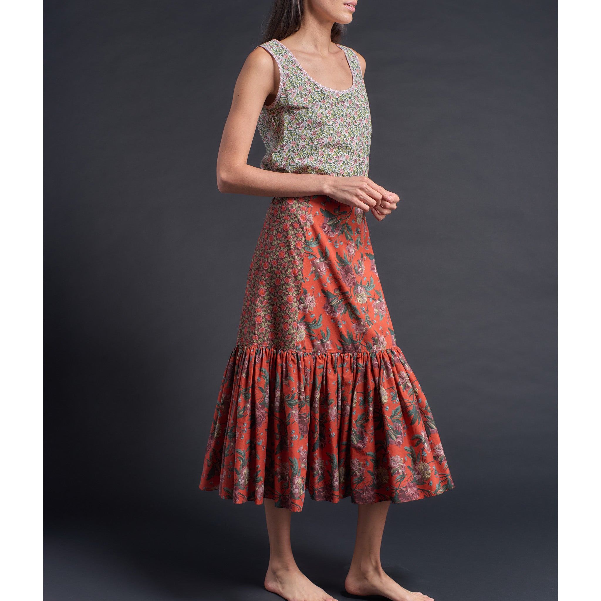 Brigitte Ruffle Skirt in Orange Decadent Blooms Liberty Print Floral Cotton