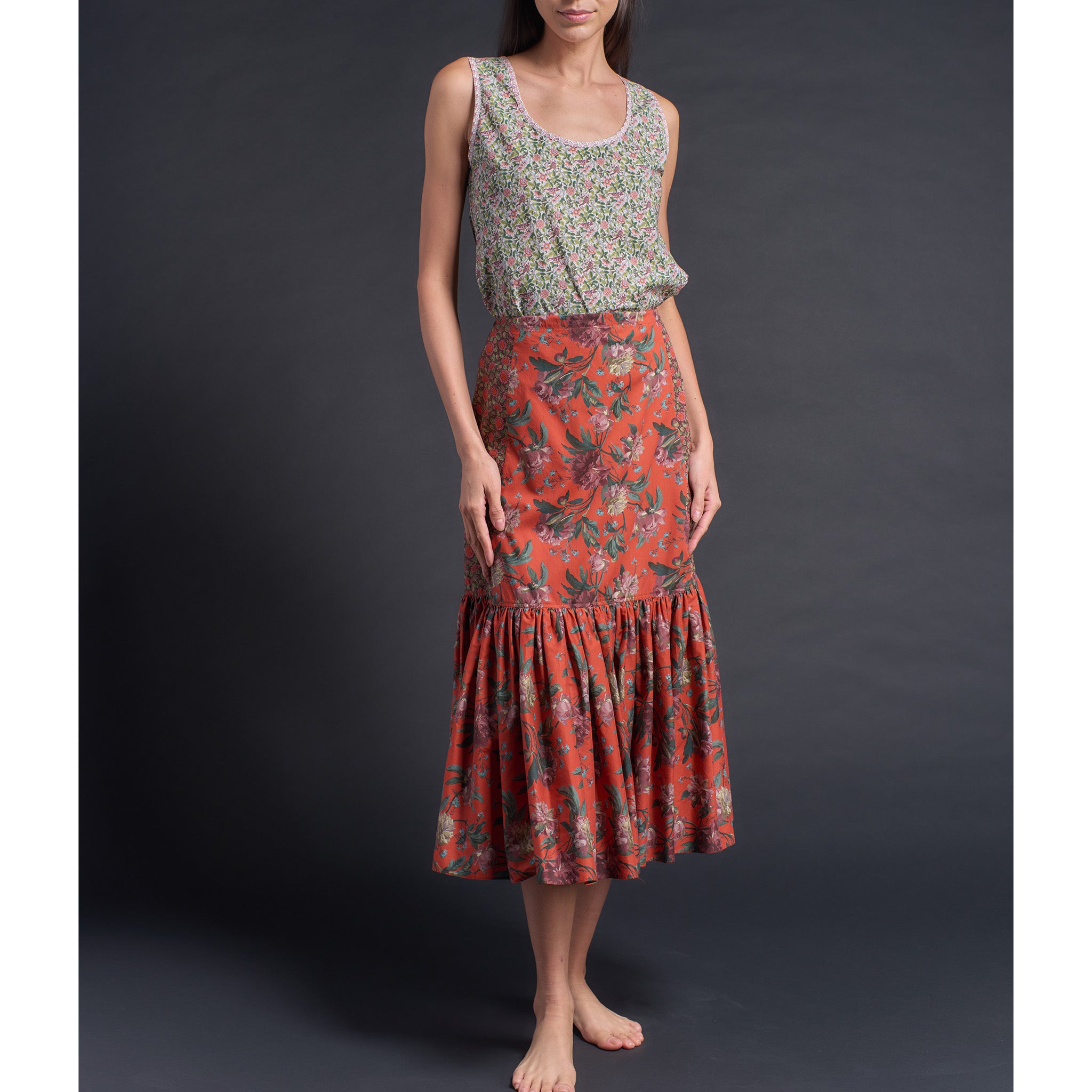 Brigitte Ruffle Skirt in Orange Decadent Blooms Liberty Print Floral Cotton