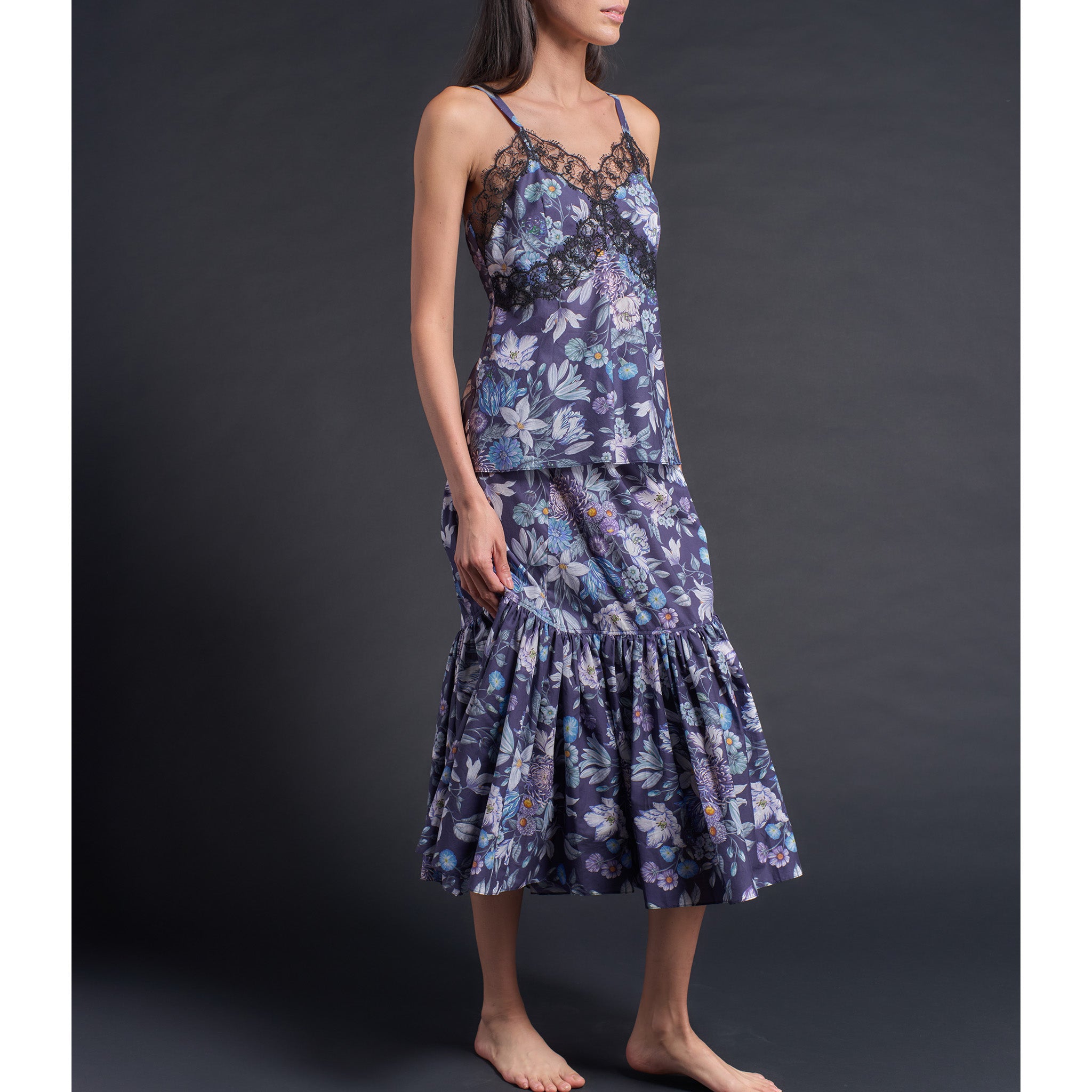 Brigitte Ruffle Skirt in Blue Stately Bouquet Liberty Print Floral Cotton