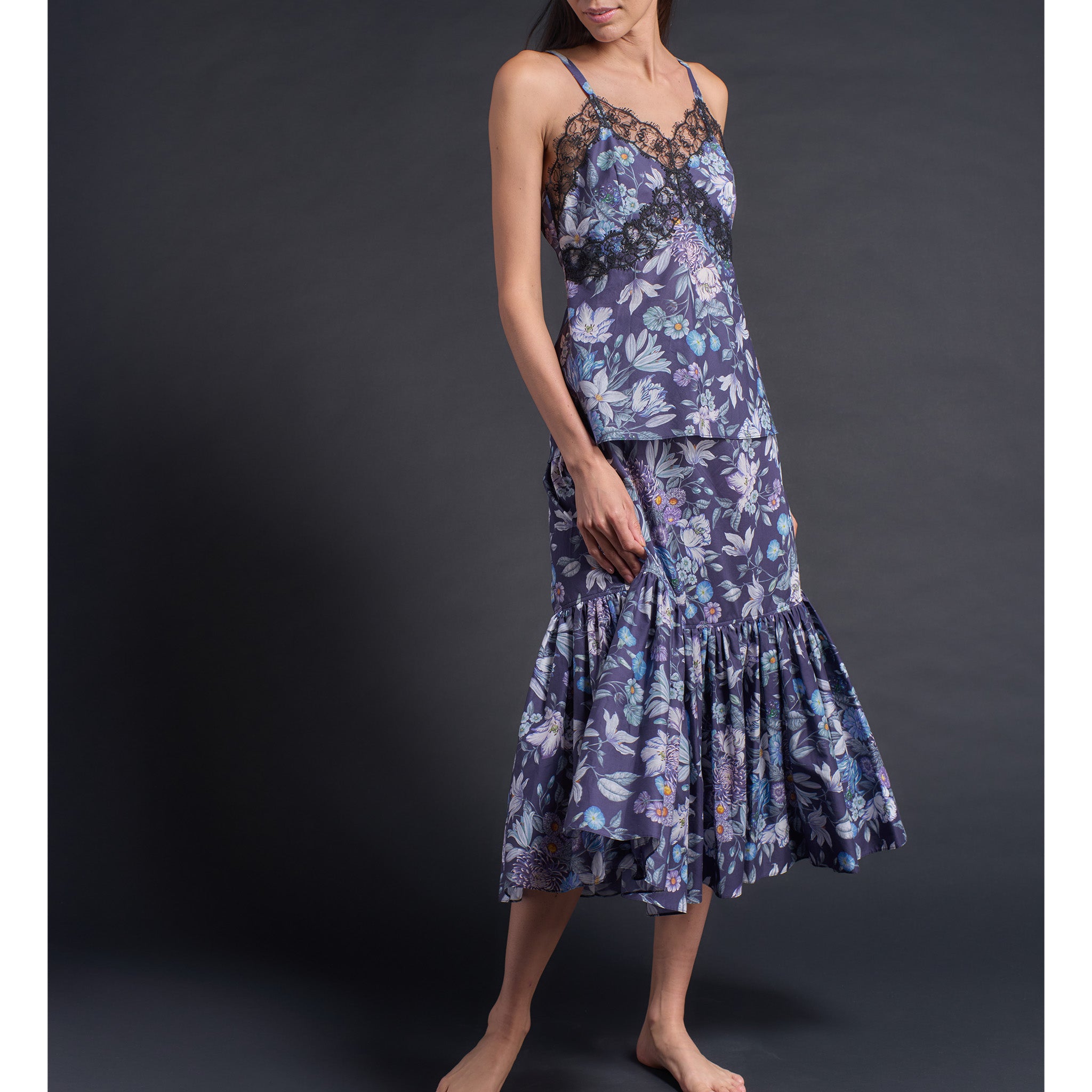 Brigitte Ruffle Skirt in Blue Stately Bouquet Liberty Print Floral Cotton