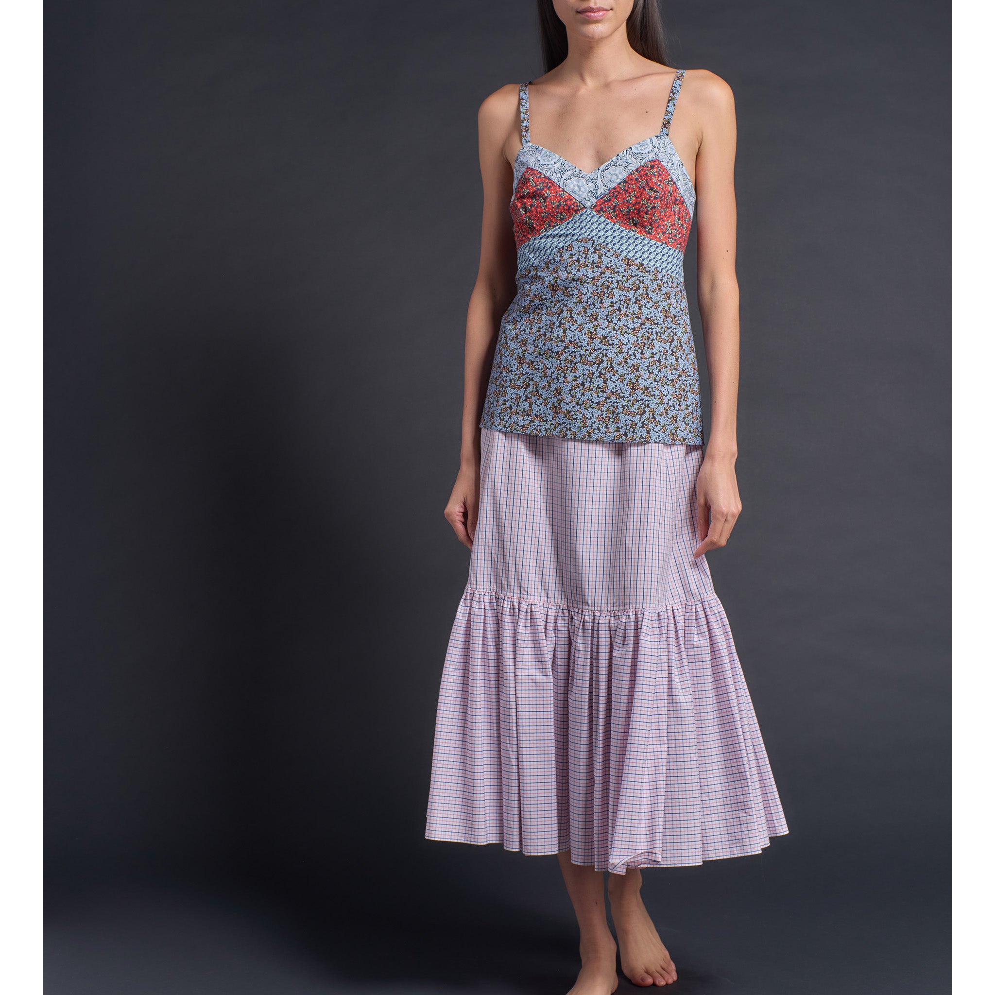 Brigitte Ruffle Skirt in Italian Cotton Pink Blue Check