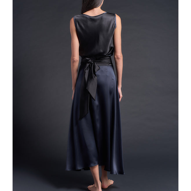 Cordelia Wrap Skirt in Colorblock Sapphire/Black Silk Charmeuse