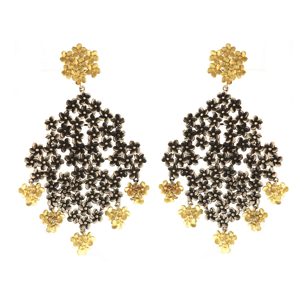 The Plumeria Flower Cluster Drop Earrings in Blackened Silver and Gold - XL