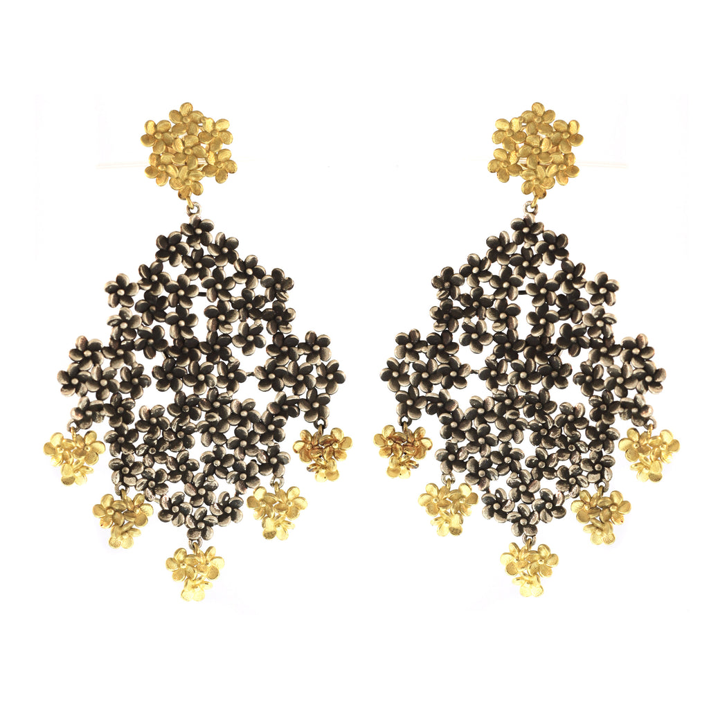 The Plumeria Flower Cluster Drop Earrings in Blackened Silver and Gold - XL