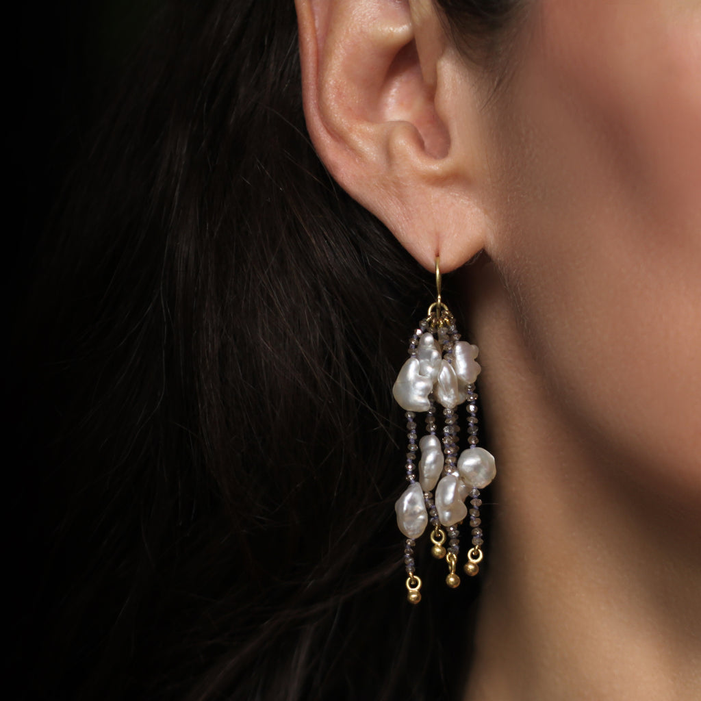 A Keshi Pearl + Diamond Bead Tassel Earring