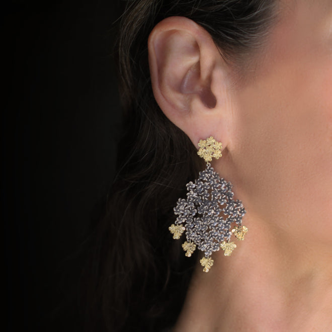 The Plumeria Flower Cluster Drop Earrings in Blackened Silver and Gold - XL