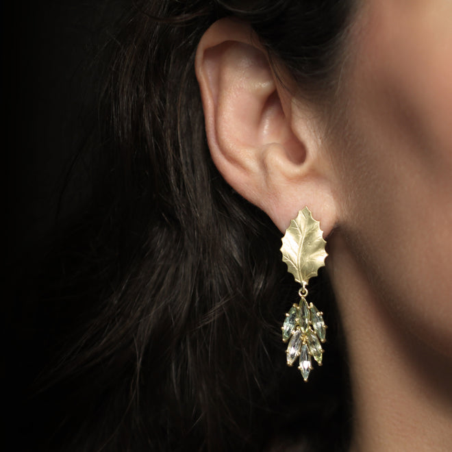 The Holly Leaf + Aquamarine Cluster Earrings