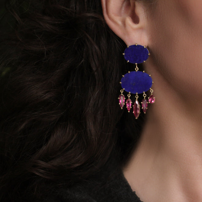 The Lapis Drop Earrings with Pink Tourmaline Fringe