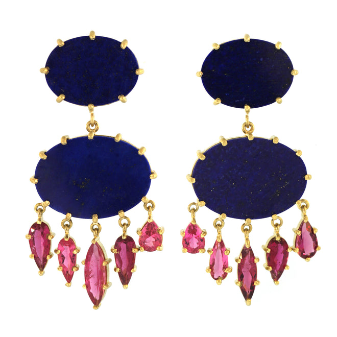 The Lapis Drop Earrings with Pink Tourmaline Fringe