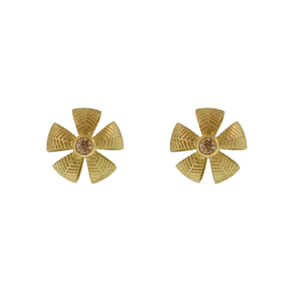 The Lotus Leaf Button Studs with Cognac Diamond Centers