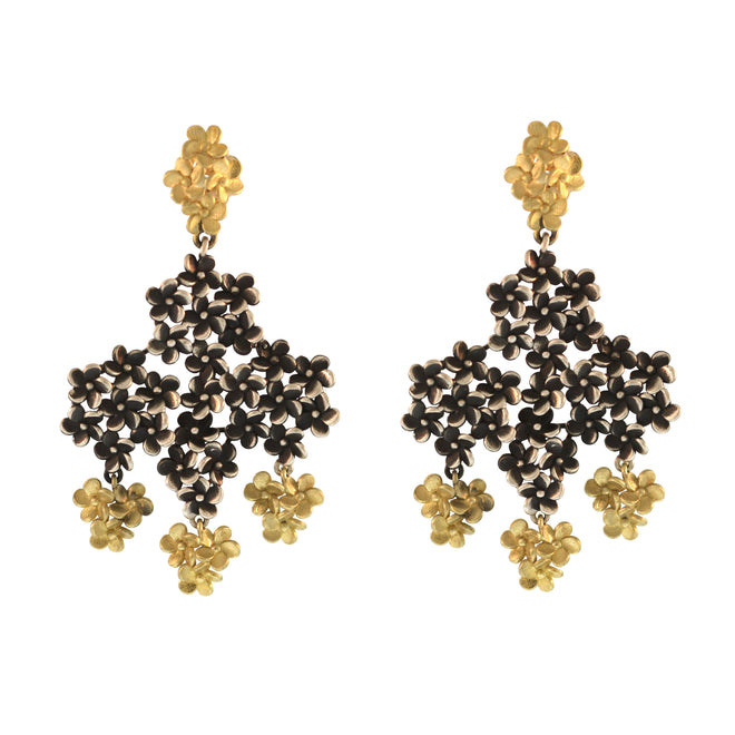 The Plumeria Flower Cluster Dangle Earrings in Blackened Silver and Gold