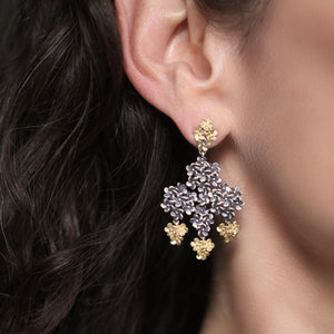 The Plumeria Flower Cluster Dangle Earrings in Blackened Silver and Gold