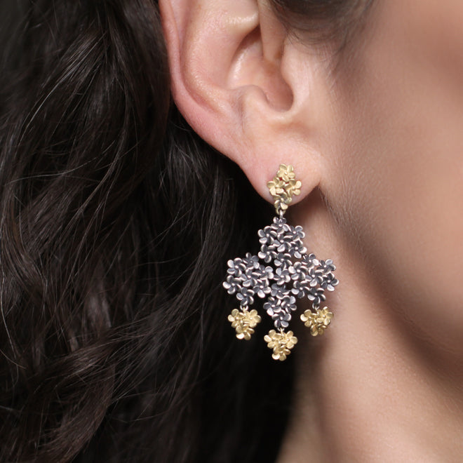 The Plumeria Flower Cluster Dangle Earrings in Blackened Silver and Gold