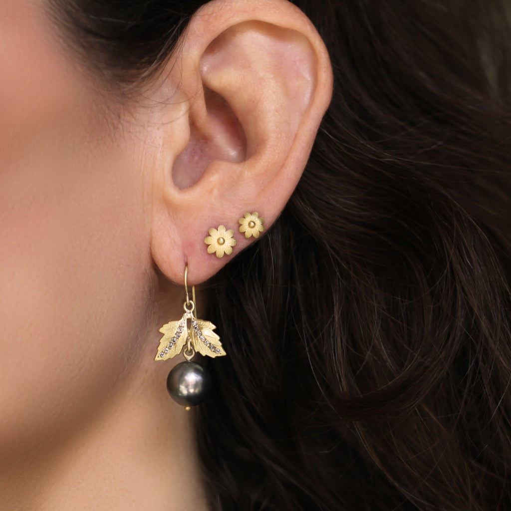 Diamond Stripe Oak Leaf + Pearl Drop Earrings