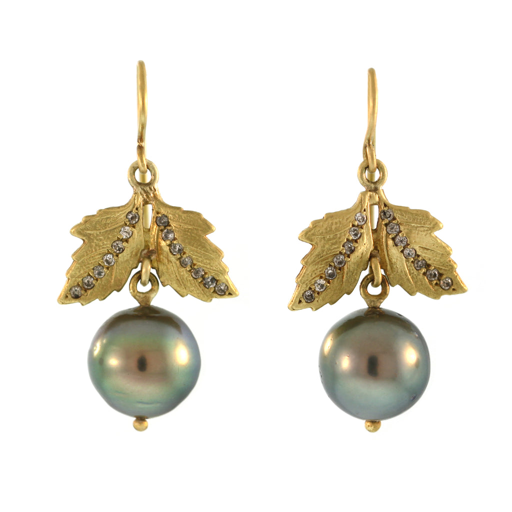 Diamond Stripe Oak Leaf + Pearl Drop Earrings