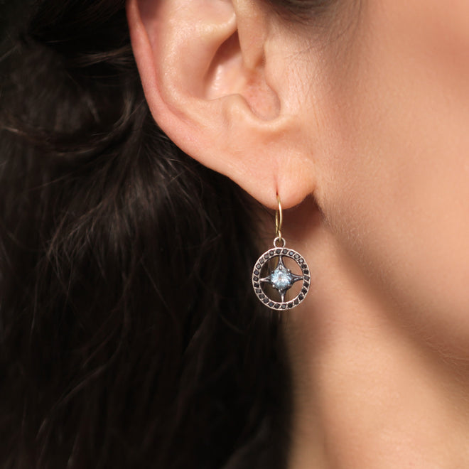 The Aquamarine + Black Diamond Compass Earrings in Sterling Silver