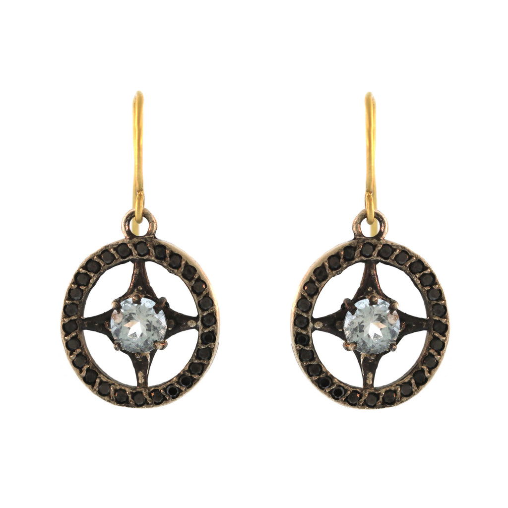 The Aquamarine + Black Diamond Compass Earrings in Sterling Silver