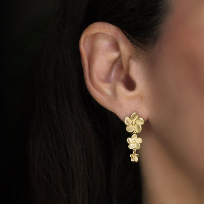 The Tapered Triple Plumeria Drop Post Earrings