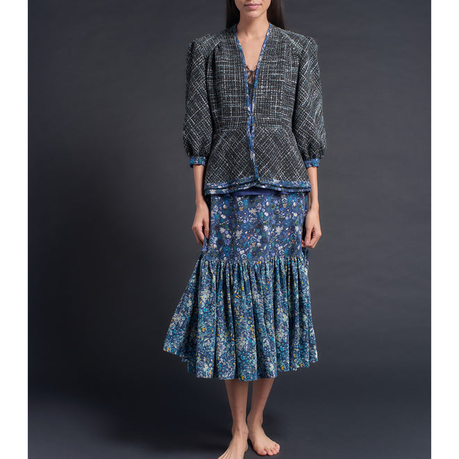 Brigitte Ruffle Skirt in Liberty Print Blue Felda Silk Crepe de Chine