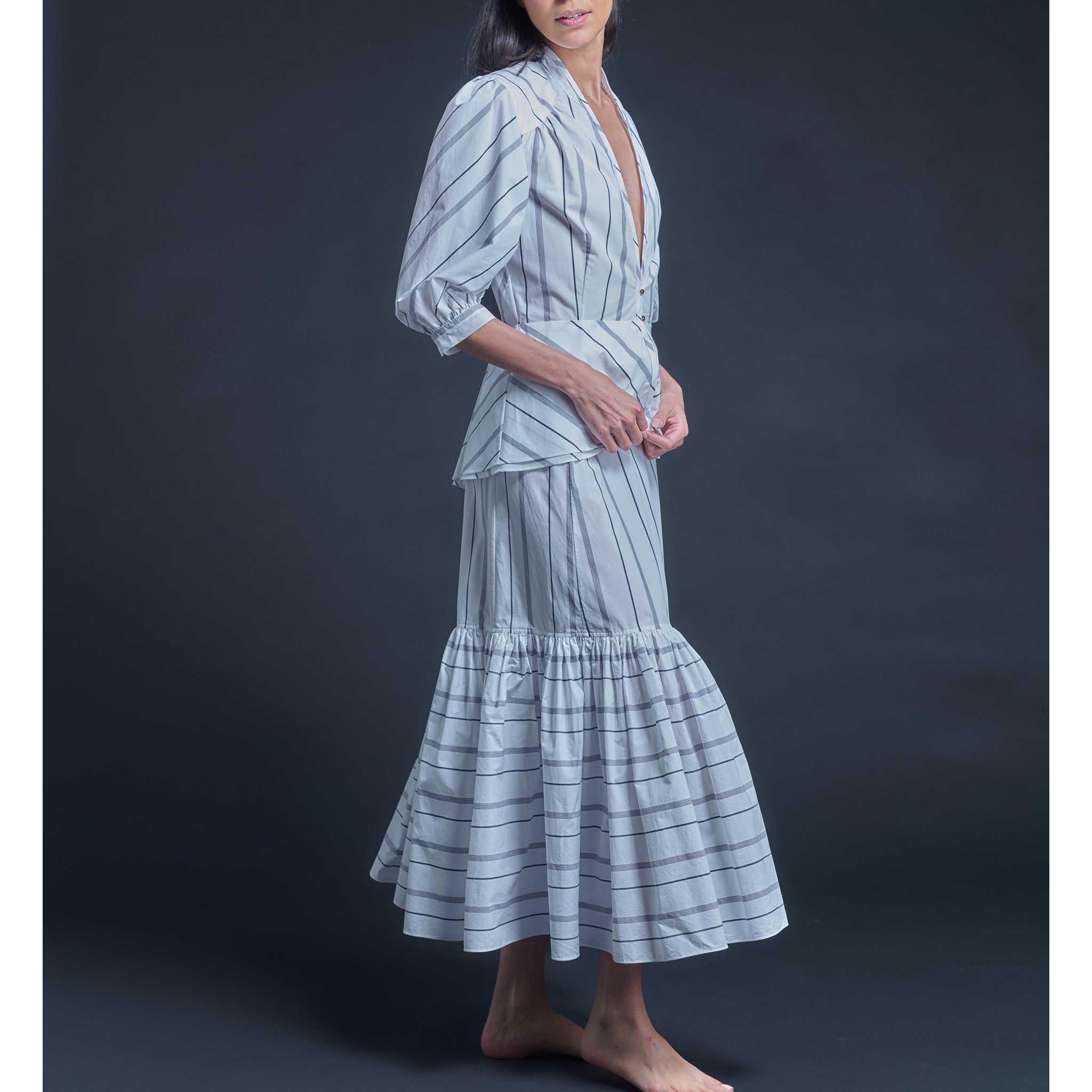 Elena Jacket in Wide White Blue Stripe Italian Cotton