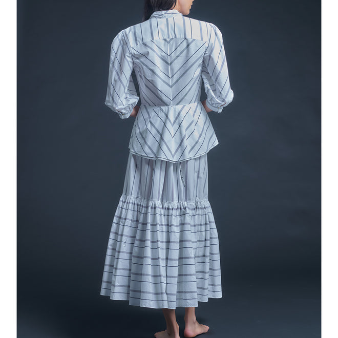 Longer Brigitte Ruffle Skirt in Italian Cotton - Wide White Blue Stripe