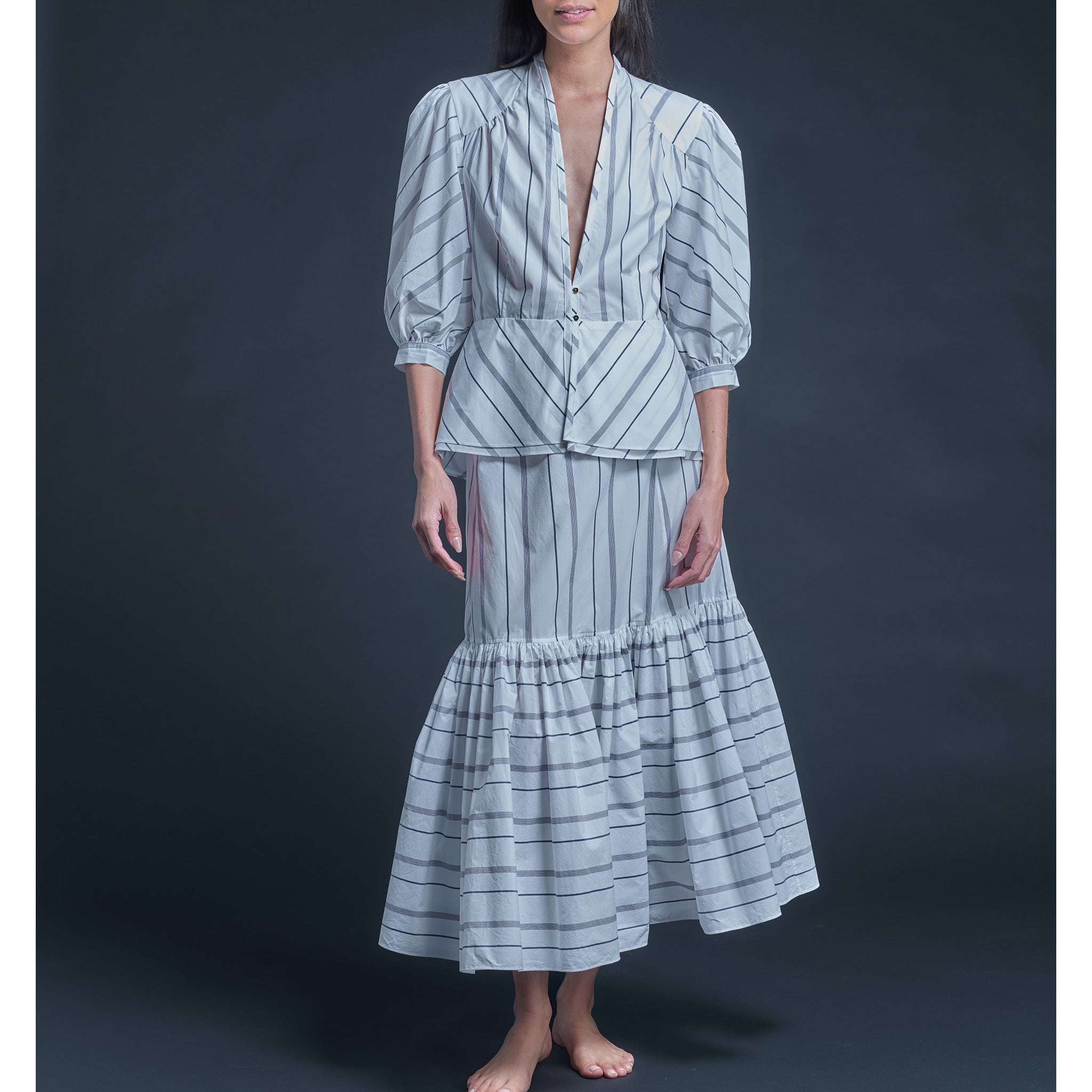 Elena Jacket in Wide White Blue Stripe Italian Cotton