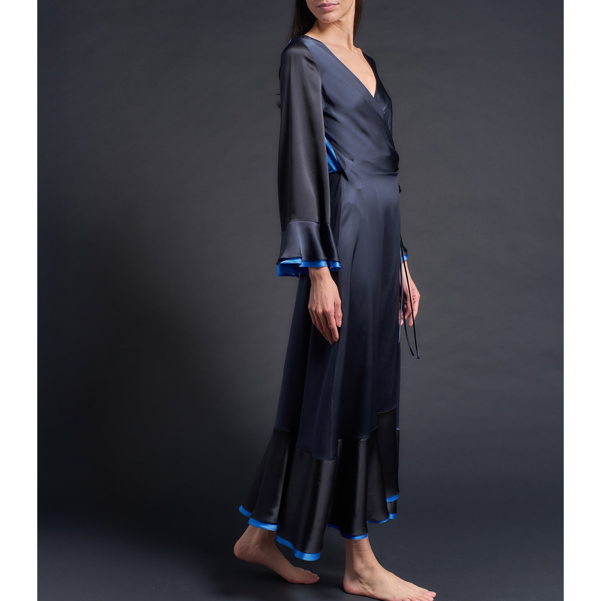 Helena Wrap Dress in Sapphire Color Block Silk Charmeuse