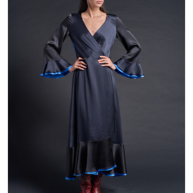 Helena Wrap Dress in Sapphire Color Block Silk Charmeuse