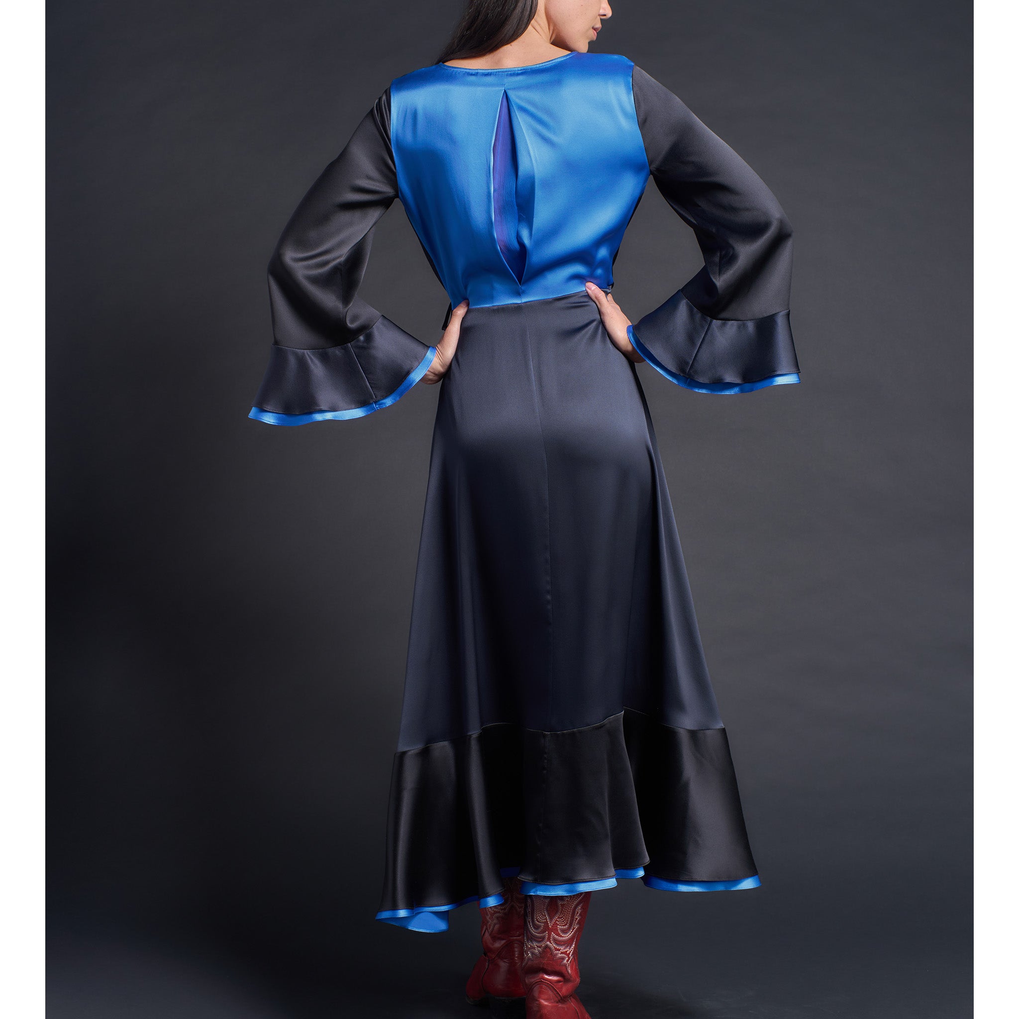 Helena Wrap Dress in Sapphire Color Block Silk Charmeuse