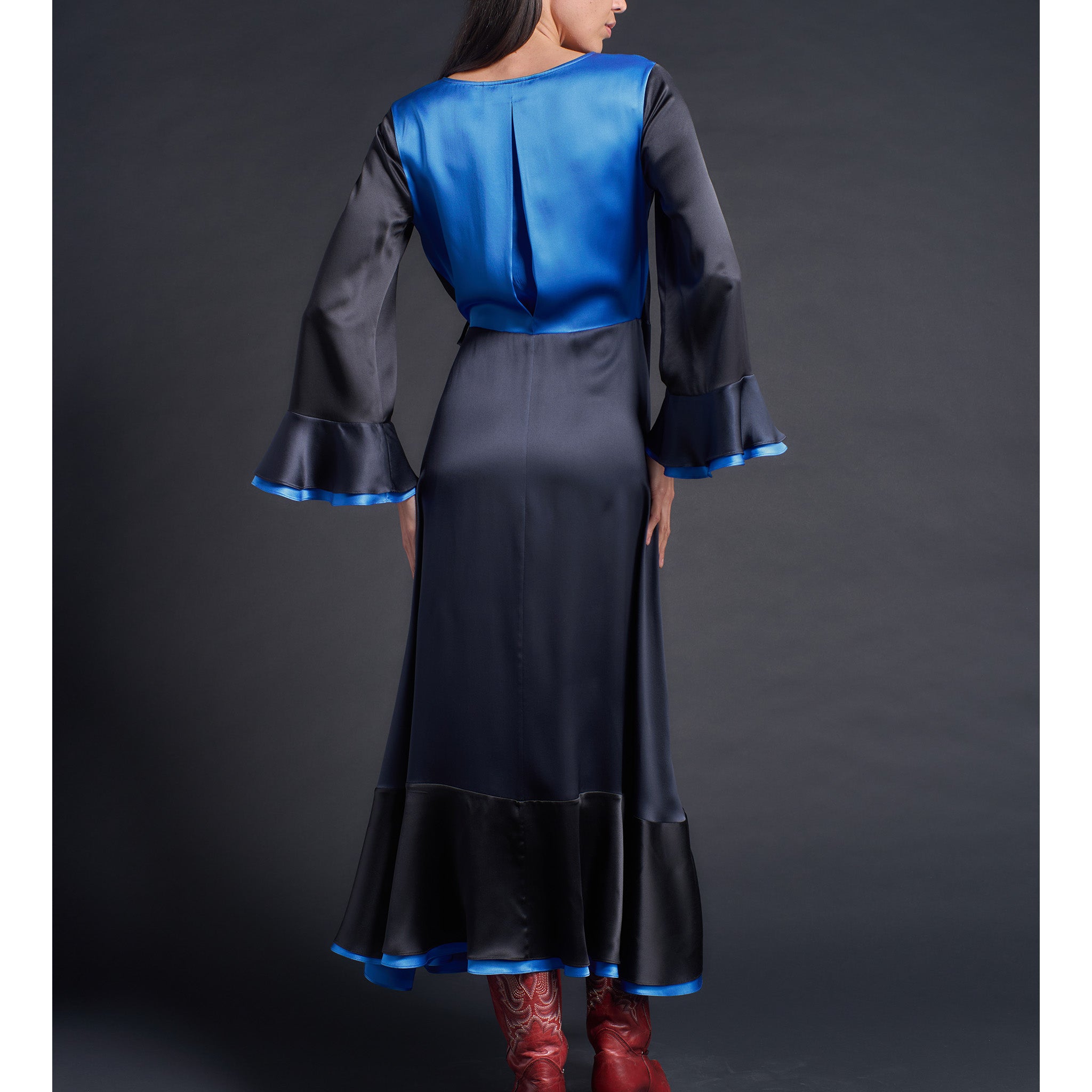 Helena Wrap Dress in Sapphire Color Block Silk Charmeuse