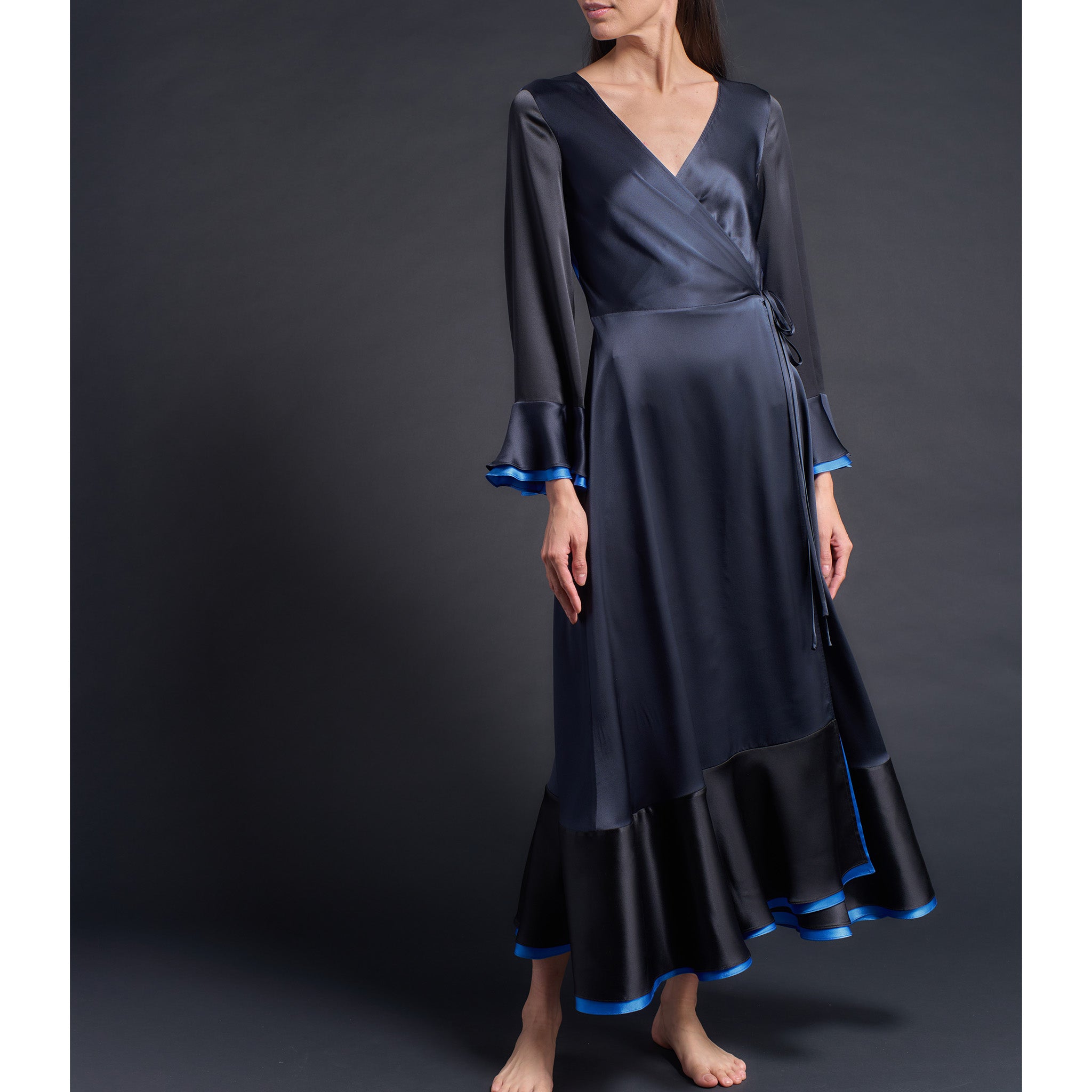Helena Wrap Dress in Sapphire Color Block Silk Charmeuse