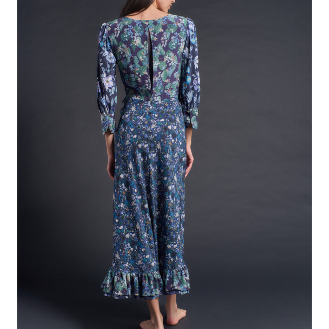 Hestia Wrap Dress in Blue Edit Composition Liberty Print Silk Crepe de Chine