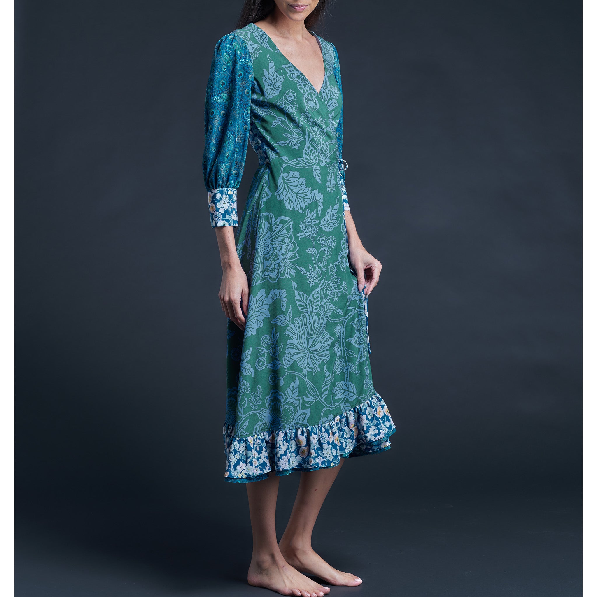 Hestia Wrap Dress in Green Christelle Composition Liberty Print Silk Crepe de Chine