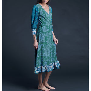 Hestia Wrap Dress in Green Christelle Composition Liberty Print Silk Crepe de Chine