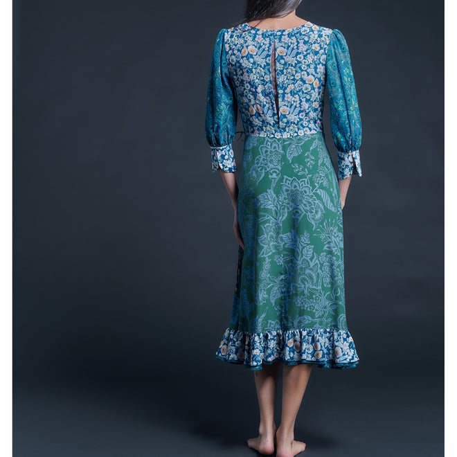 Hestia Wrap Dress in Green Christelle Composition Liberty Print Silk Crepe de Chine