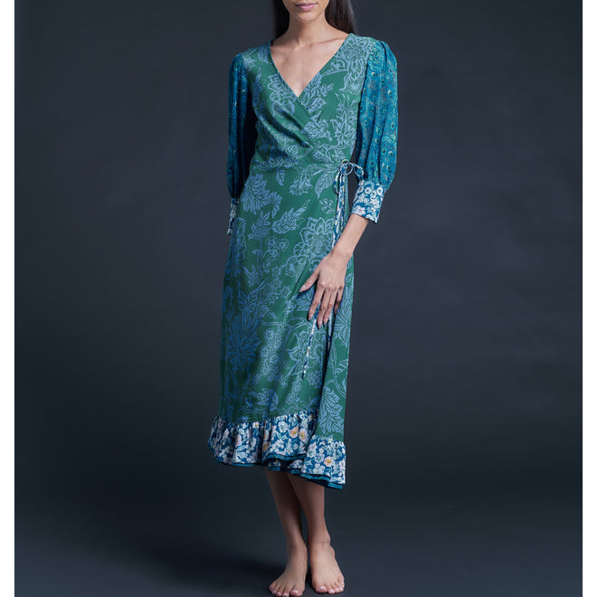 Hestia Wrap Dress in Green Christelle Composition Liberty Print Silk Crepe de Chine