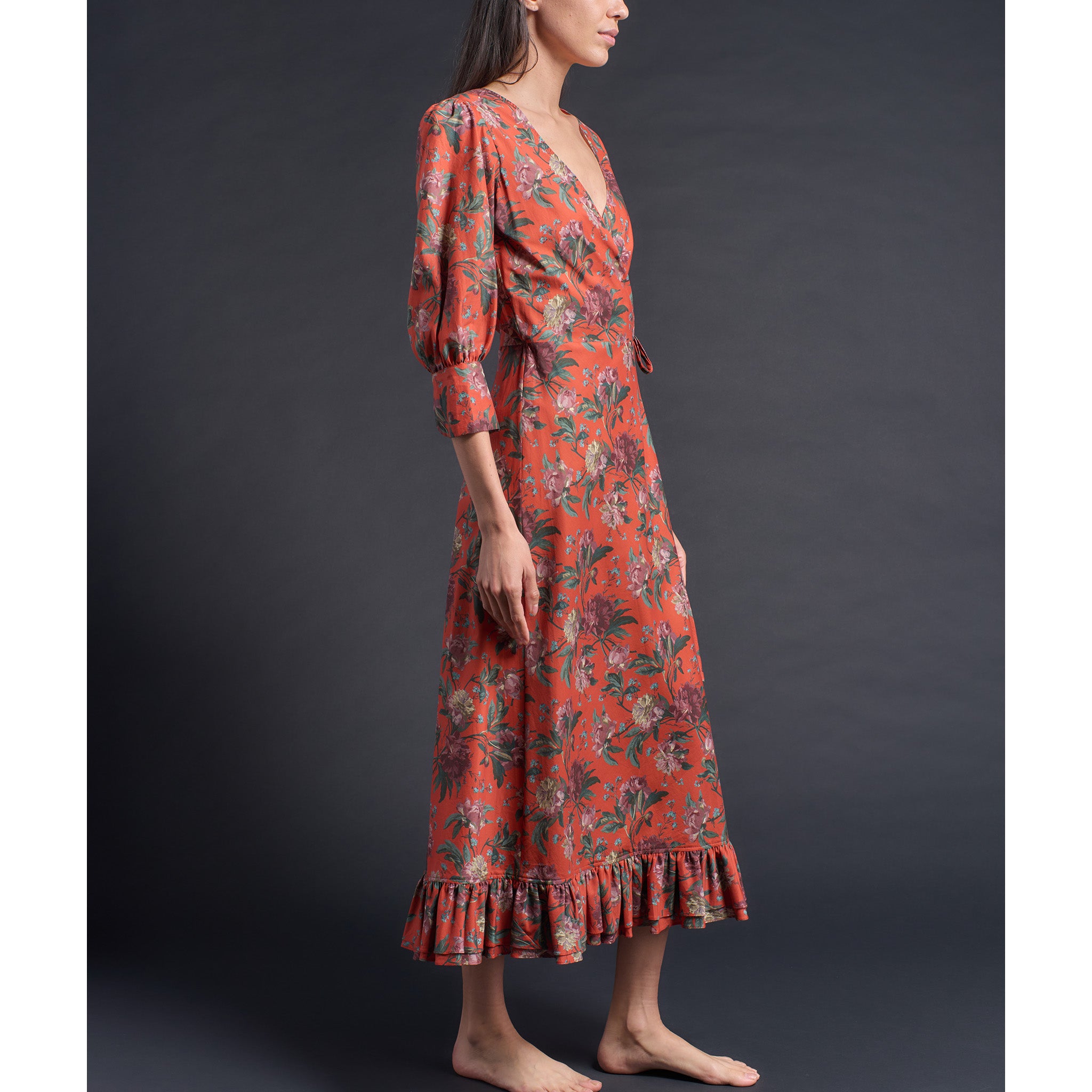 Hestia Wrap Dress in Orange Decadent Blooms Liberty Cotton Tana Lawn