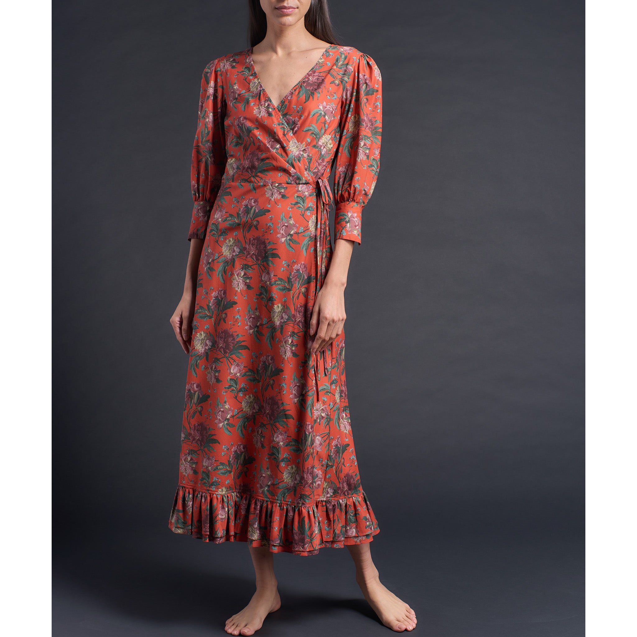 Hestia Wrap Dress in Orange Decadent Blooms Liberty Cotton Tana Lawn