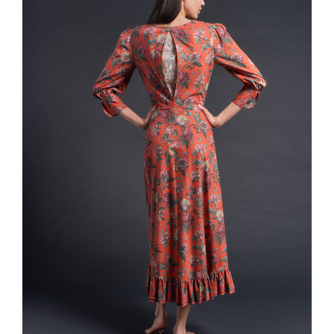Hestia Wrap Dress in Orange Decadent Blooms Liberty Cotton Tana Lawn