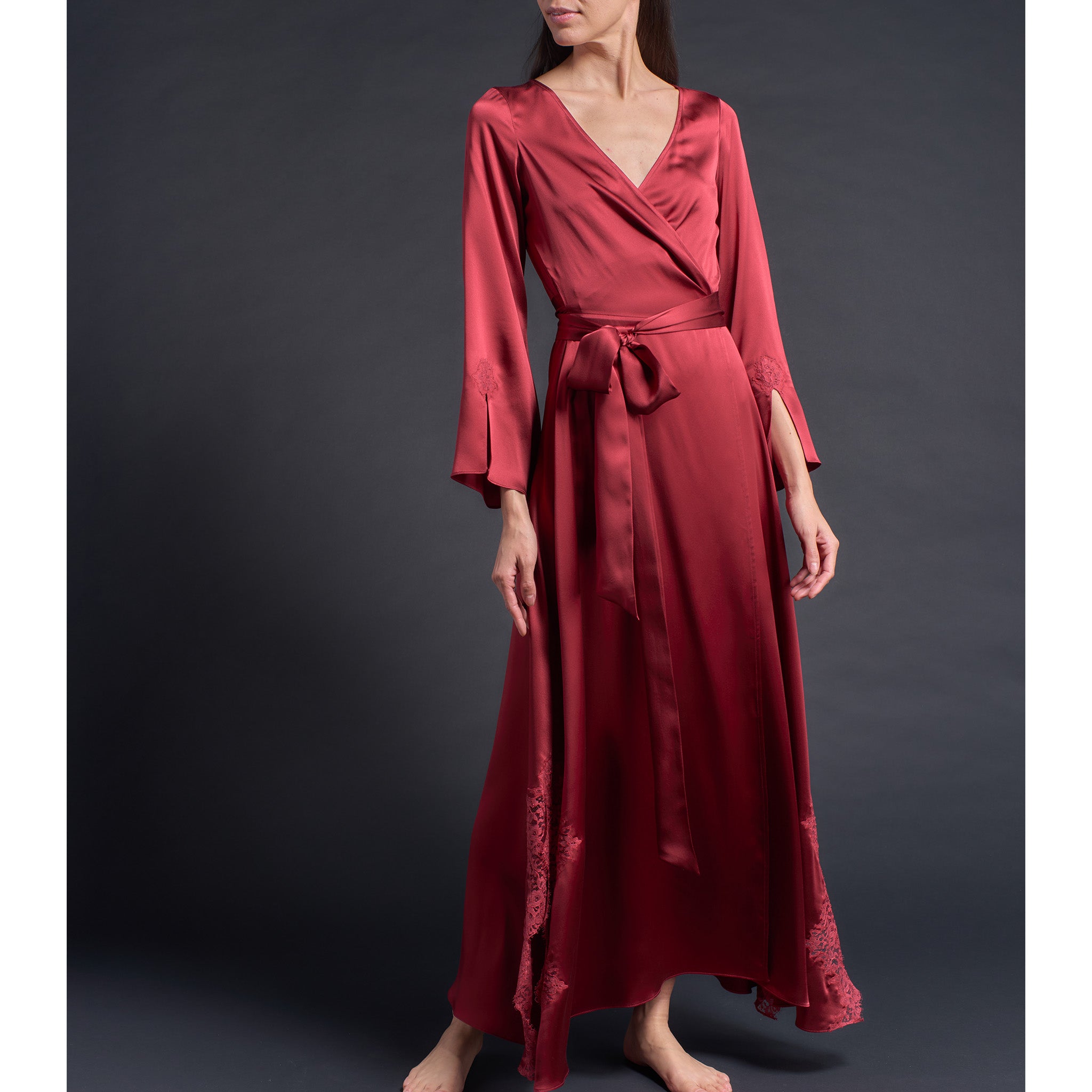 Iris Wrap Robe in Red Silk Charmeuse