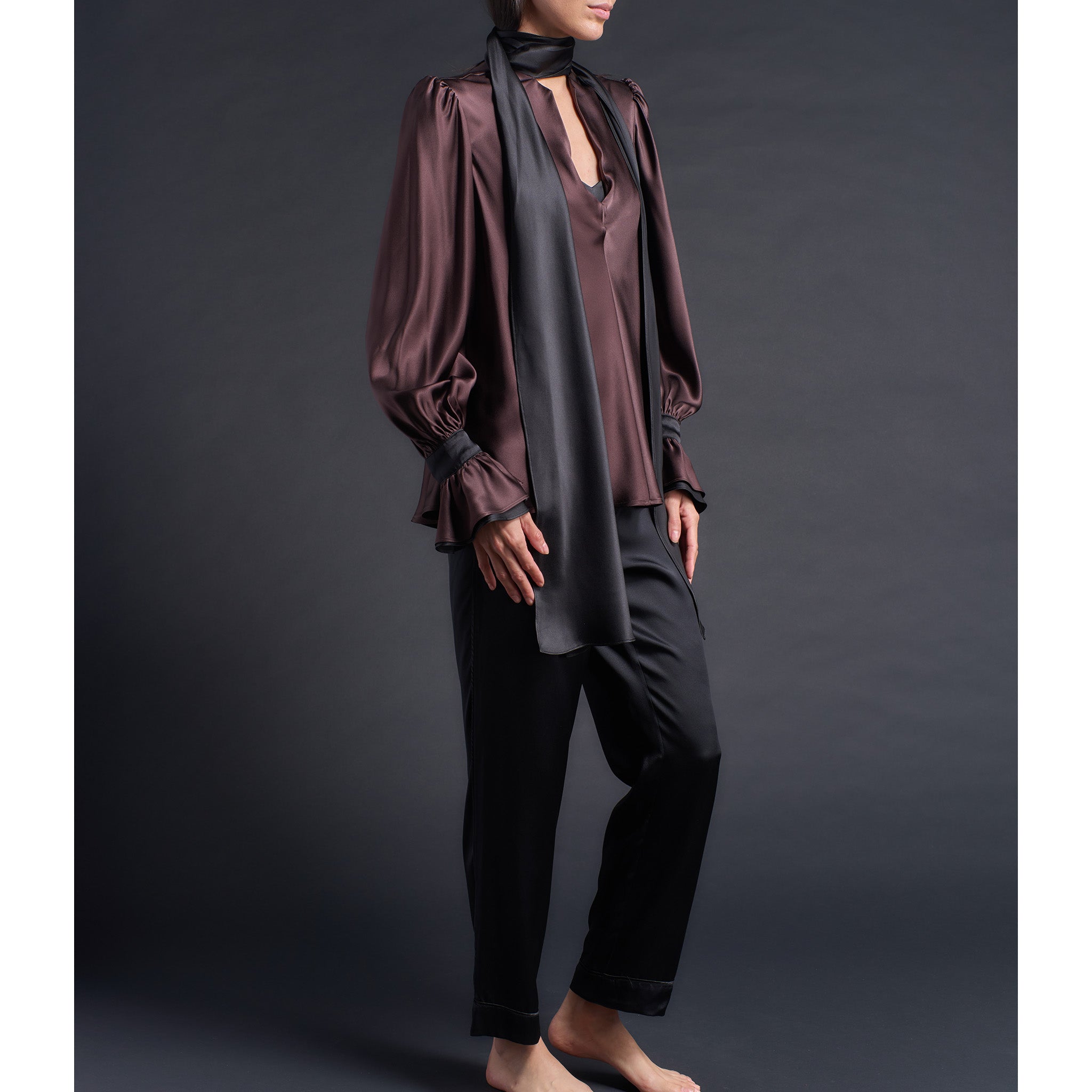 Isobel Blouse in Color Blocked Brown Black Silk Charmeuse