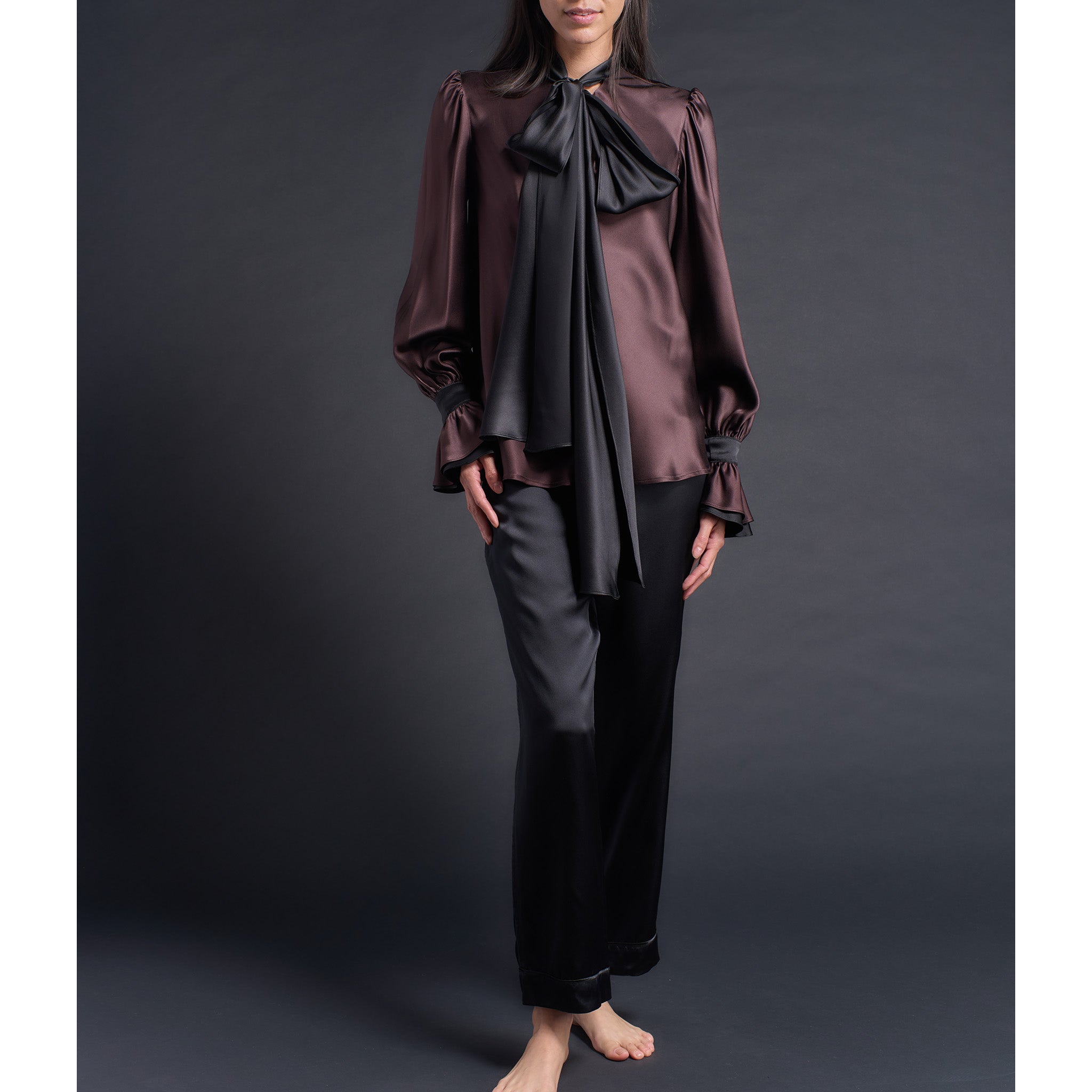 Isobel Blouse in Color Blocked Brown Black Silk Charmeuse