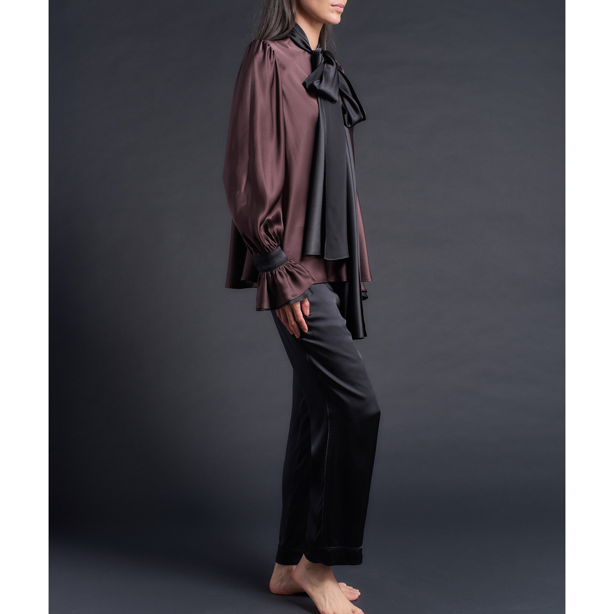 Isobel Blouse in Color Blocked Brown Black Silk Charmeuse